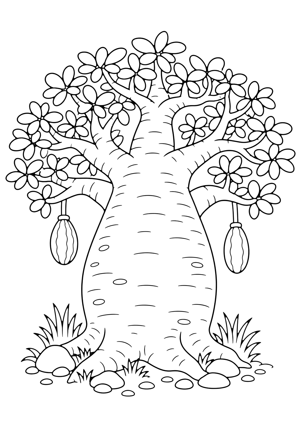 Baobab para colorear con un árbol con tronco claro, copa con hojas, frutos o detalles naturales, hierba y espacios cerrados cómodos. Ideal para niños que disfrutan árboles para colorear para imprimir y colorear online.