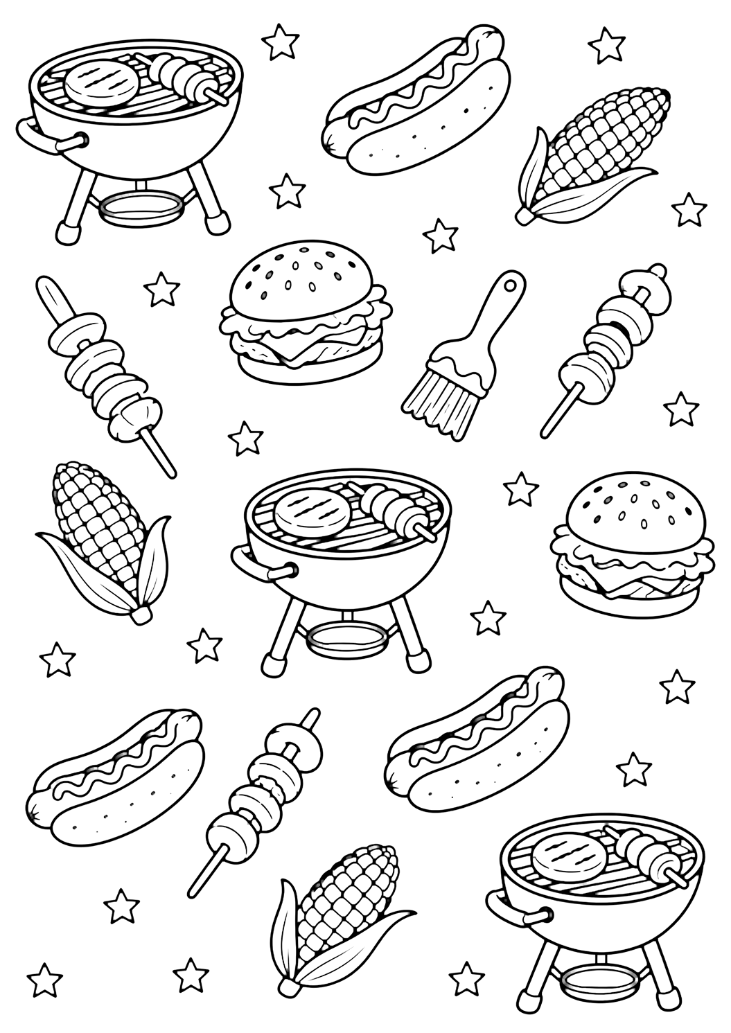 Dibujo de barbacoa y picnic con garabatos de barbacoa. Ideal para verano, impresión, descarga y coloreado online.