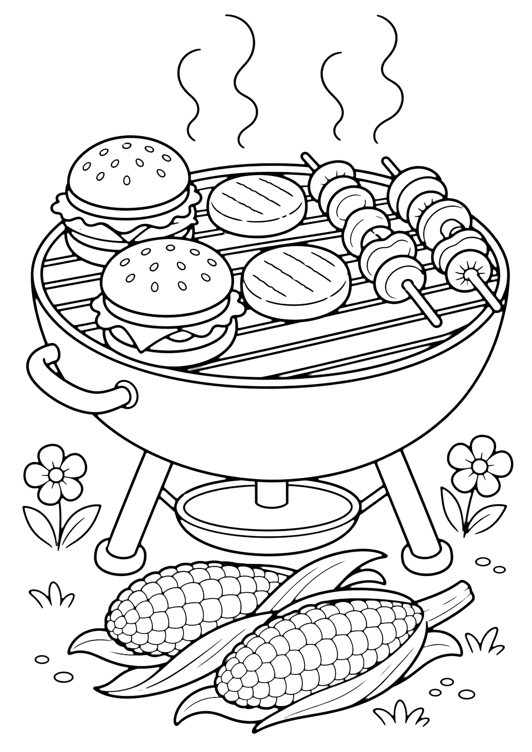 Dibujo de barbacoa y picnic con parrilla con comida. Ideal para verano, impresión, descarga y coloreado online.