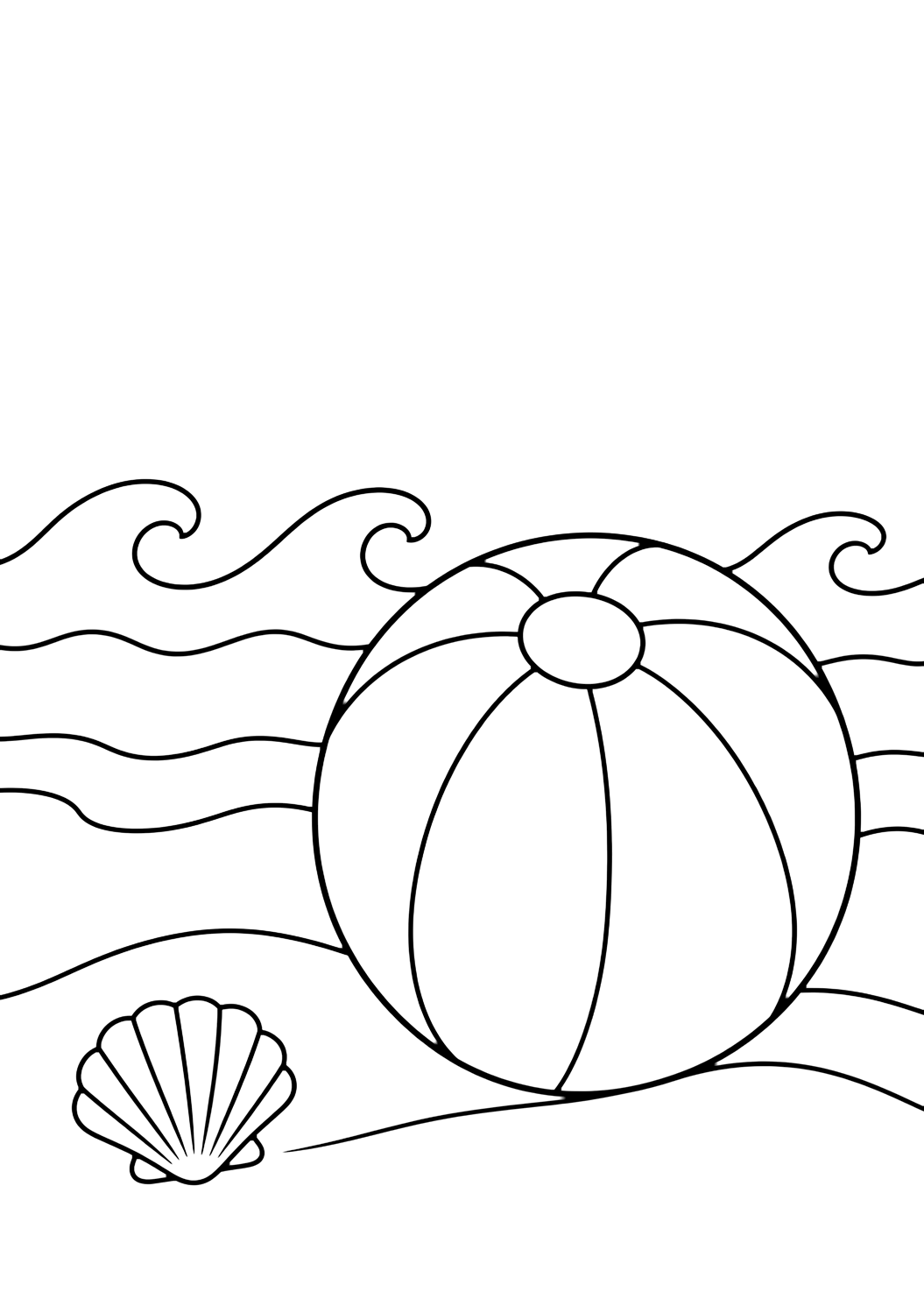 Ausmalbild mit strandball an meereswellen. Geeignet für Kinder, Sommer, Strand, Pool, Ausdrucke und Online-Ausmalen.