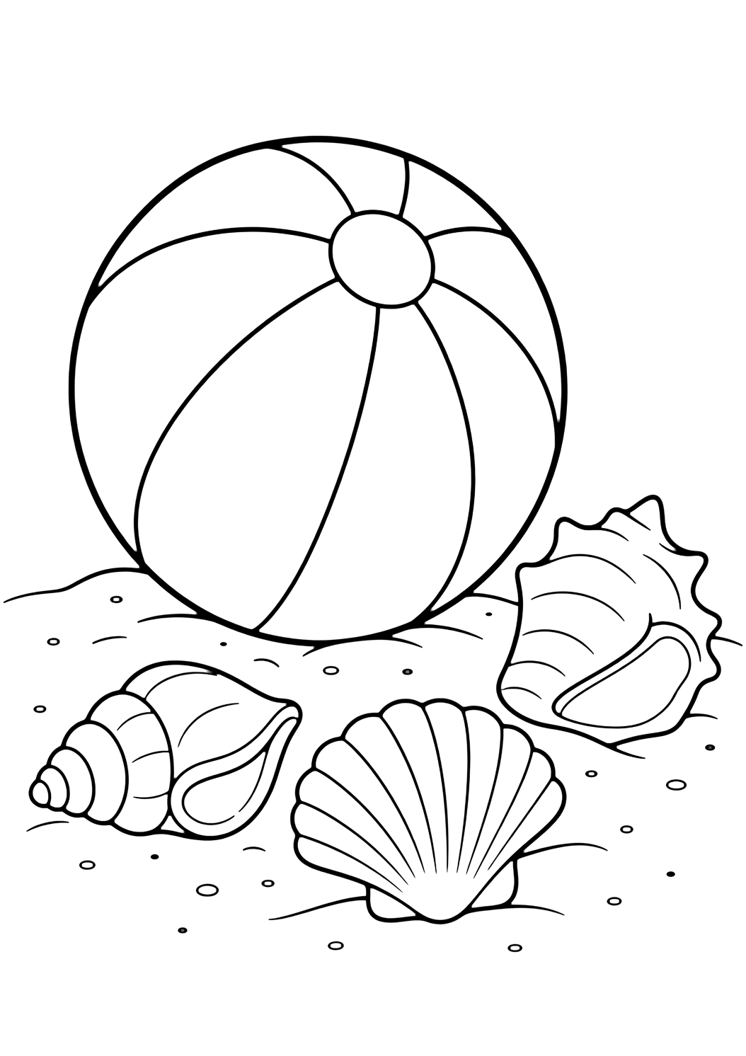 Página para colorear con pelota de playa con conchas. Ideal para niños, verano, playa, piscina, impresión y coloreado online.