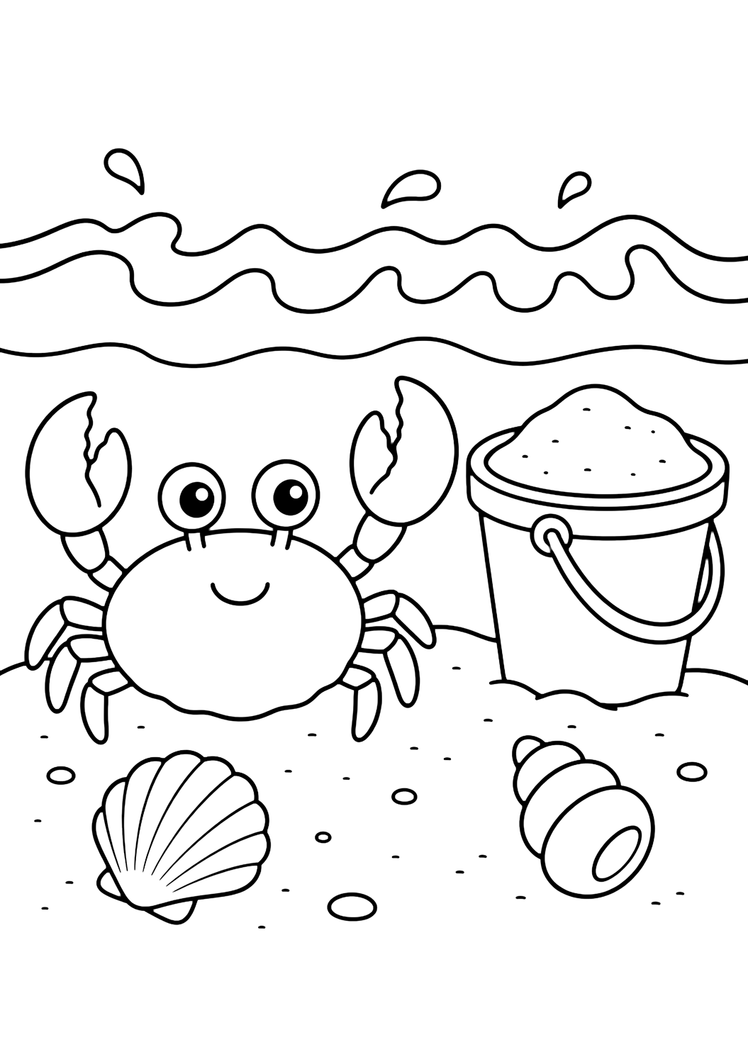 Disegno di spiaggia da colorare con granchio di spiaggia con secchiello. Adatto a bambini, attività estive, stampa e colorazione online.