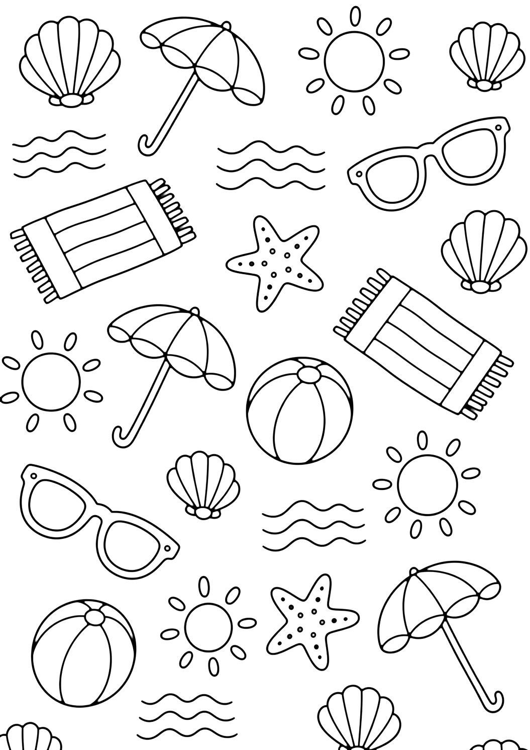 plaj doodle deseni içeren yaz doodle boyama sayfası. Çocuklar, yazdırma ve çevrim içi boyama için uygundur.