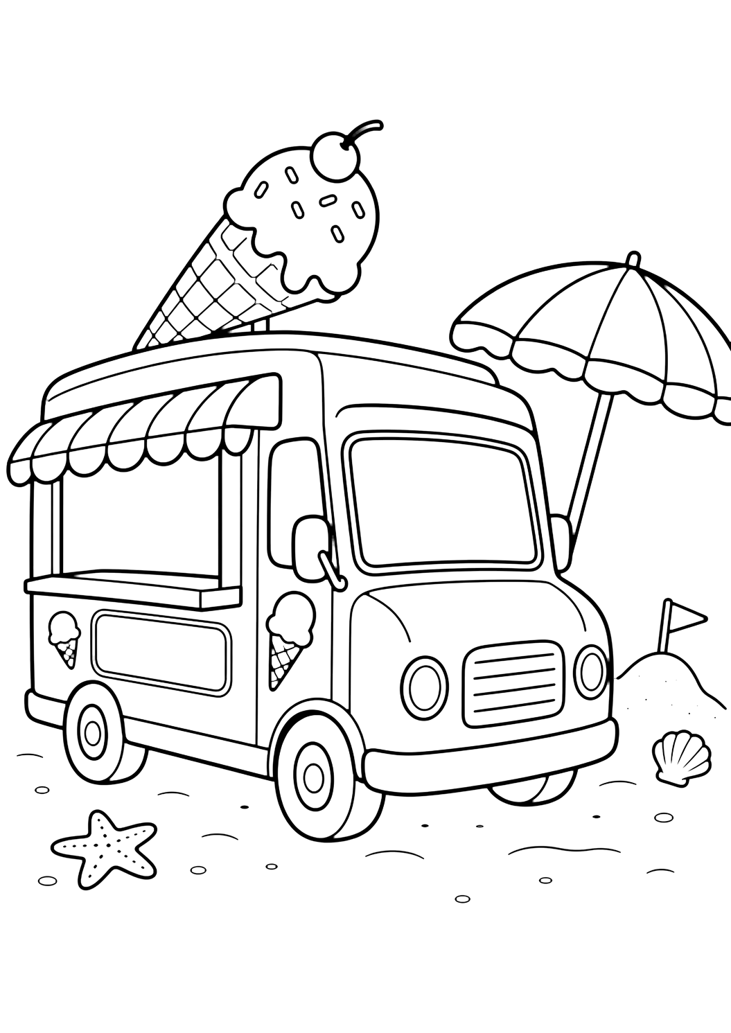 Coloriage de camion de glace avec camion de glace à la plage. Idéal pour enfants, été, impression et coloriage en ligne.