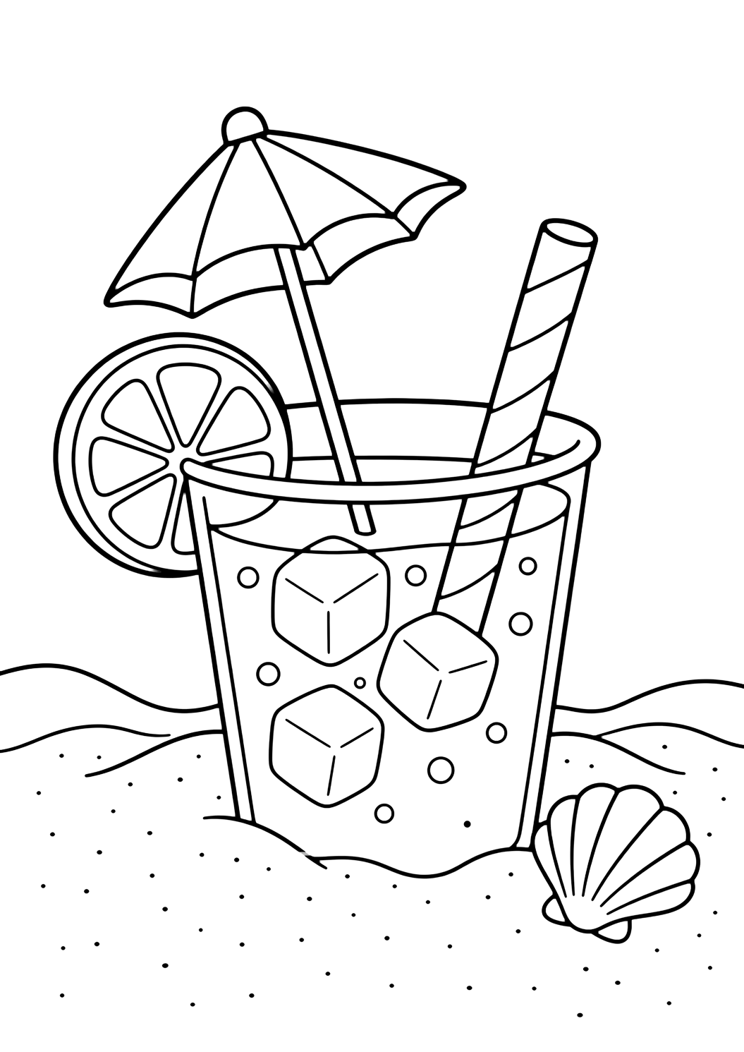 beach lemonade drink coloring page with a lemonade cup on sand with a small beach umbrella, lemon slice, straw, tiny shell, and open sky