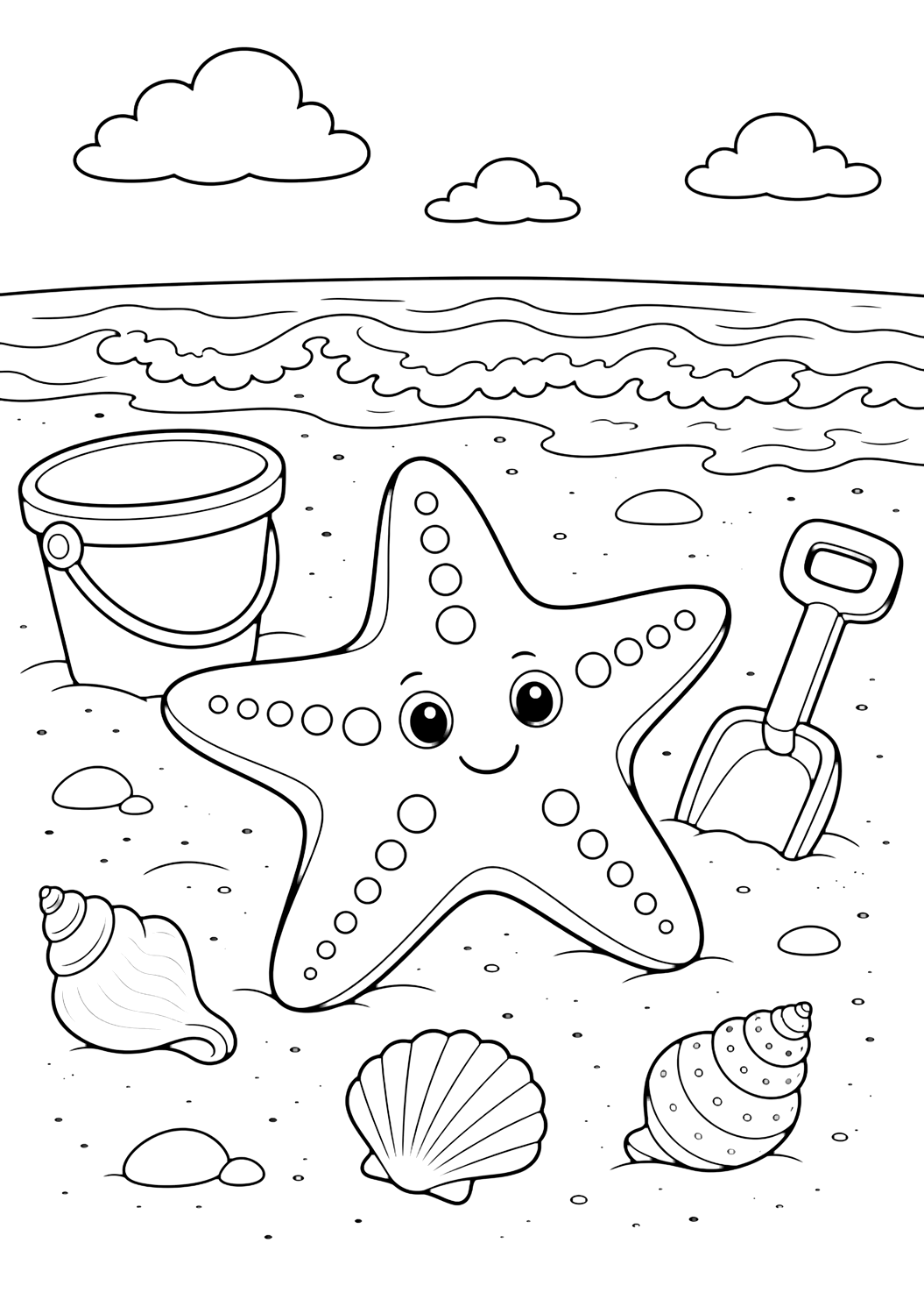 beach starfish scene coloring page with a beach scene with a starfish, a small bucket, a shovel, shells, smooth sand, and little waves far behind for kids