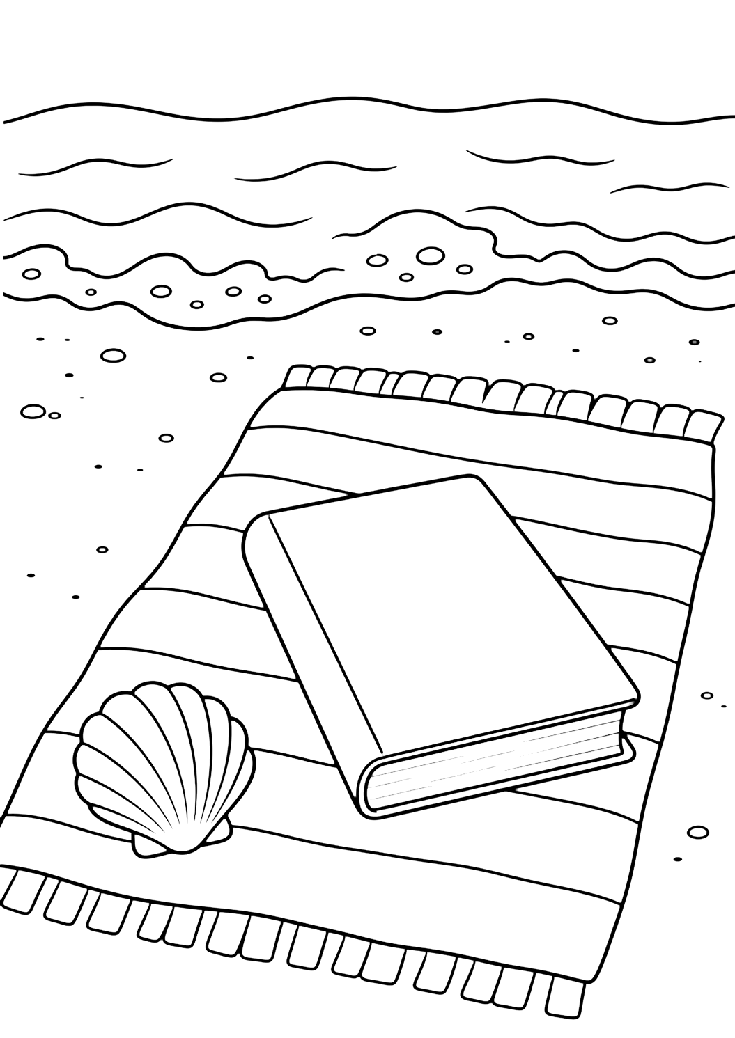 Плажна картинка за оцветяване с плажна кърпа и книга. Подходяща за деца, летни занимания, печат и онлайн оцветяване.