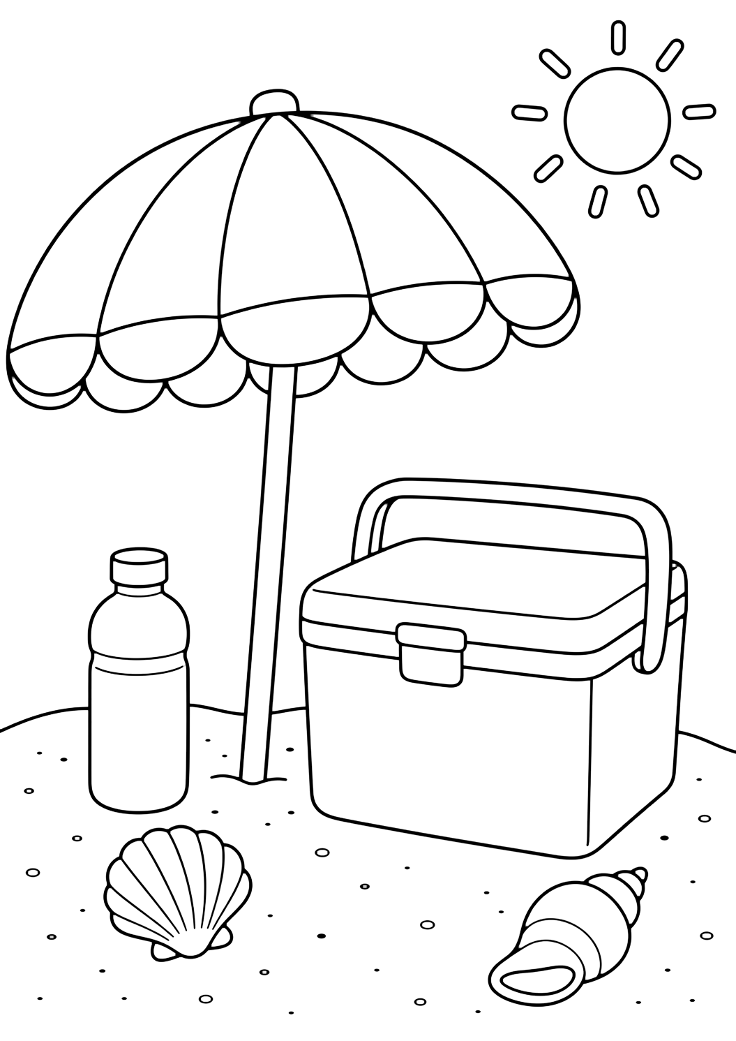 beach umbrella and cooler coloring page with a beach umbrella beside a plain cooler, a water bottle with no label, and a shell for kids