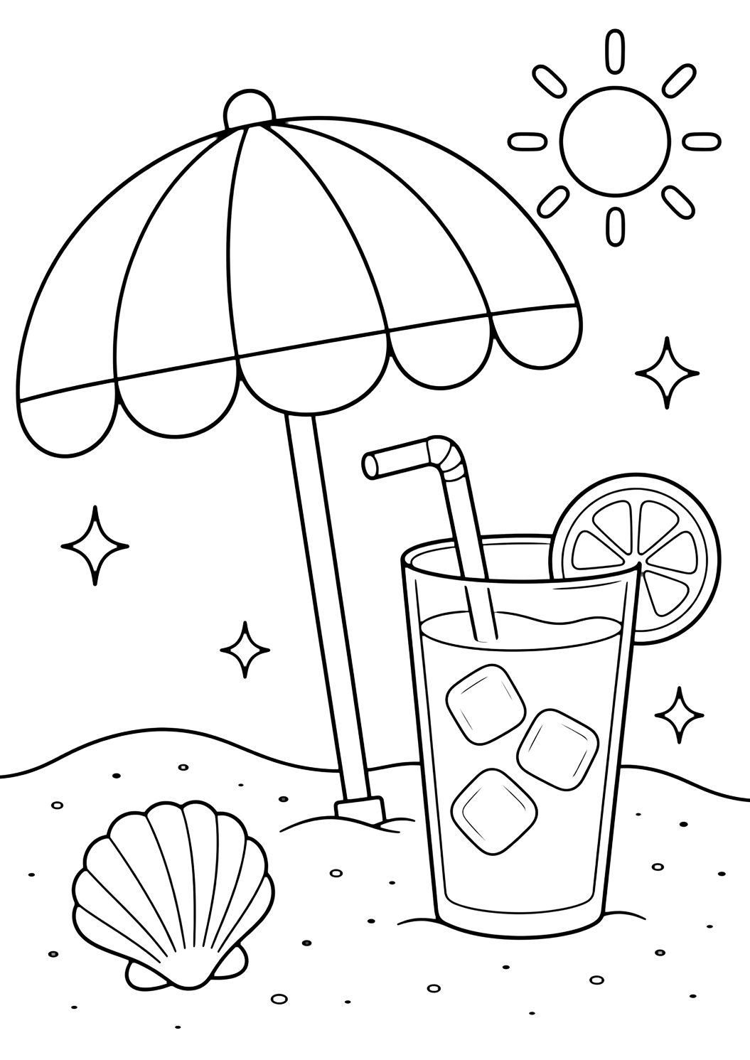 Coloriage avec parasol de plage et limonade. Idéal pour enfants, été, plage, impression et coloriage en ligne.