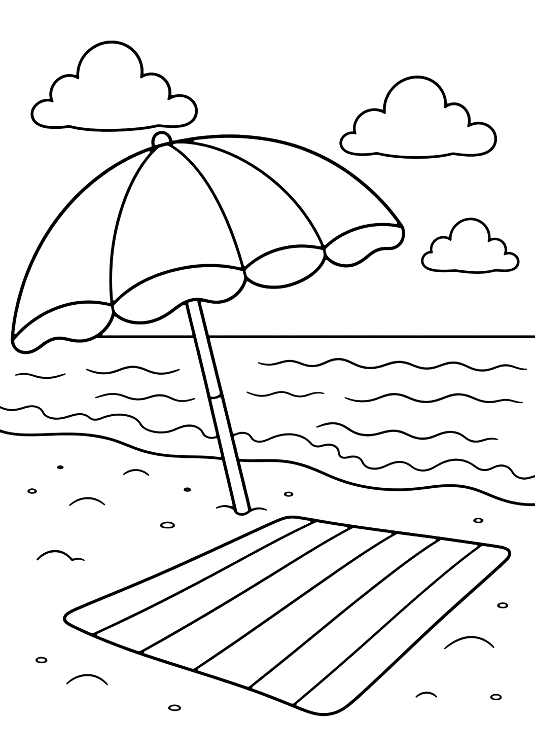 beach umbrella and towel coloring page with a large beach umbrella beside a striped towel on soft sand, with gentle waves and open sky behind it for kids
