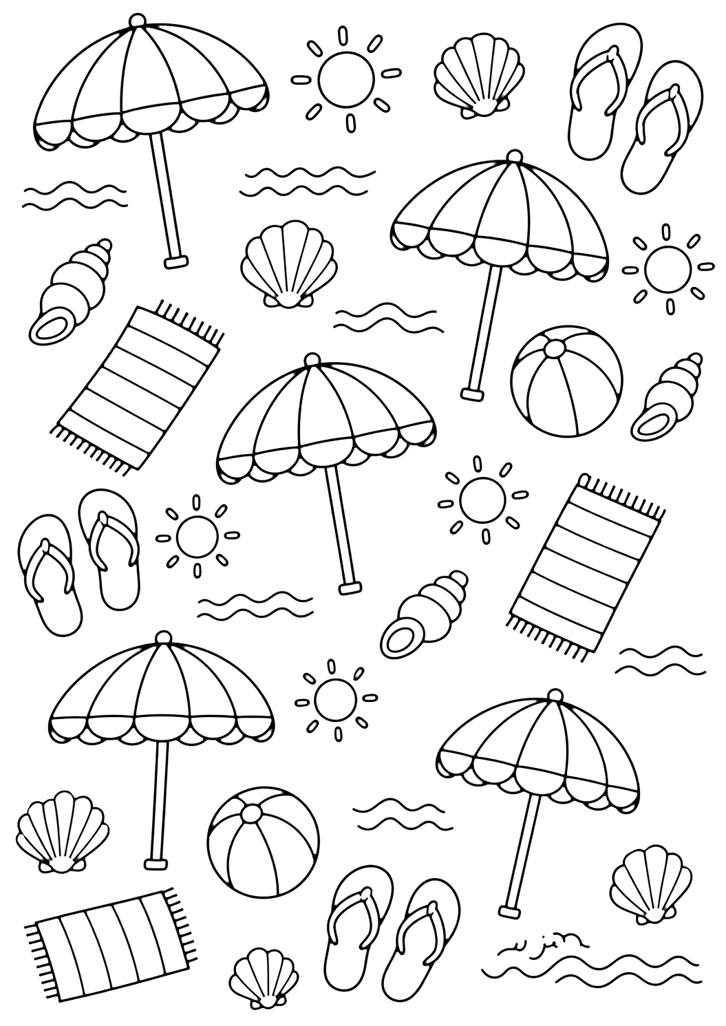 beach umbrella doodle pattern coloring page with an airy repeating doodle pattern of beach umbrellas, suns, waves, shells, towels, beach balls, and flip-flops for kids