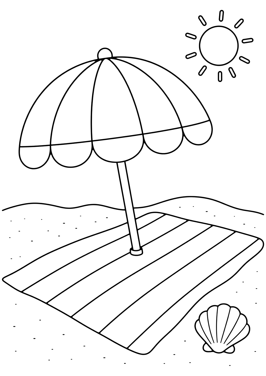 Ausmalbild mit strandschirm auf gestreiftem handtuch. Geeignet für Kinder, Sommer, Strandaktivitäten, Ausdrucke und Online-Ausmalen.