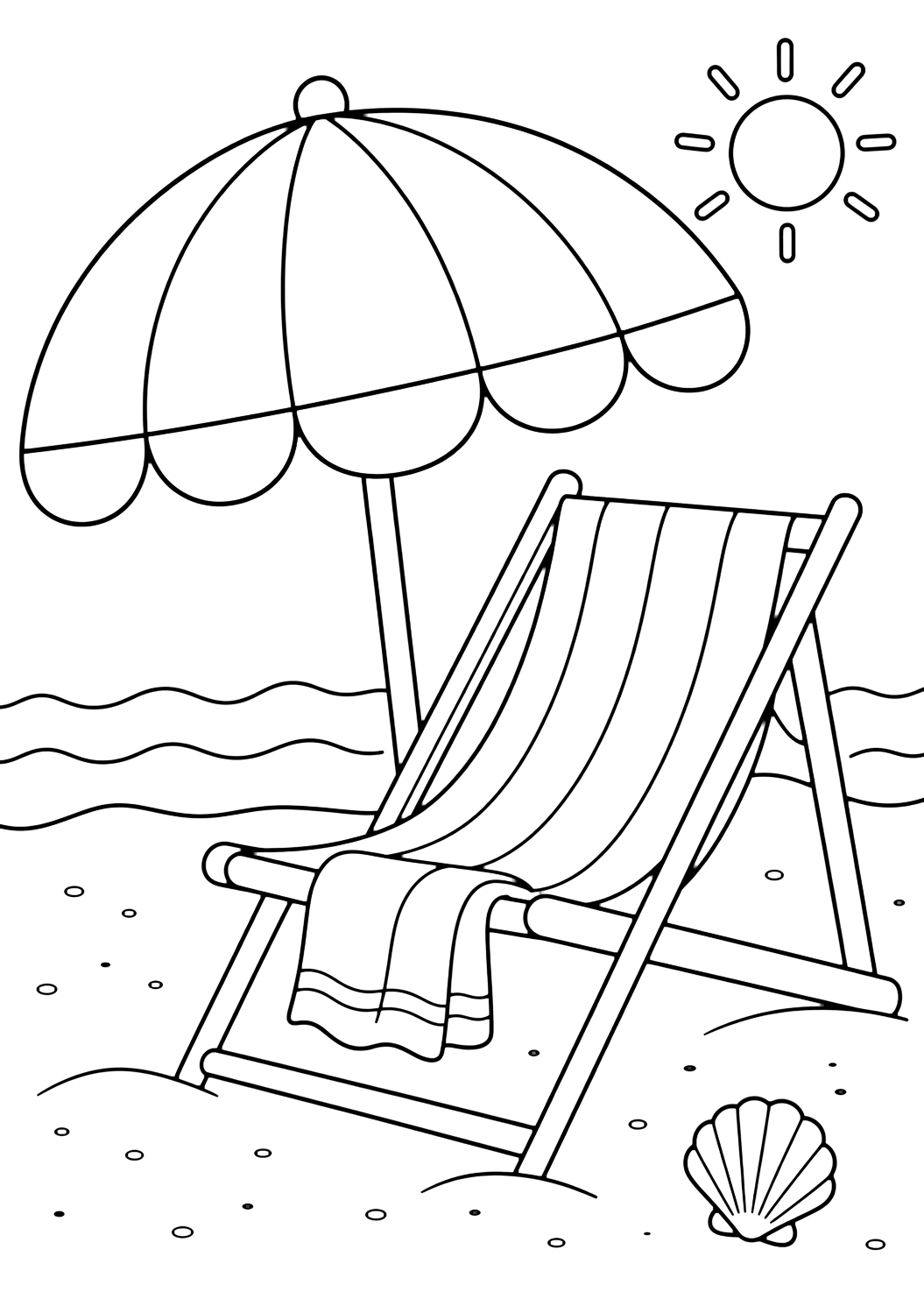 beach umbrella with beach chair coloring page with a beach umbrella shading a simple beach chair with a small towel draped over it for kids