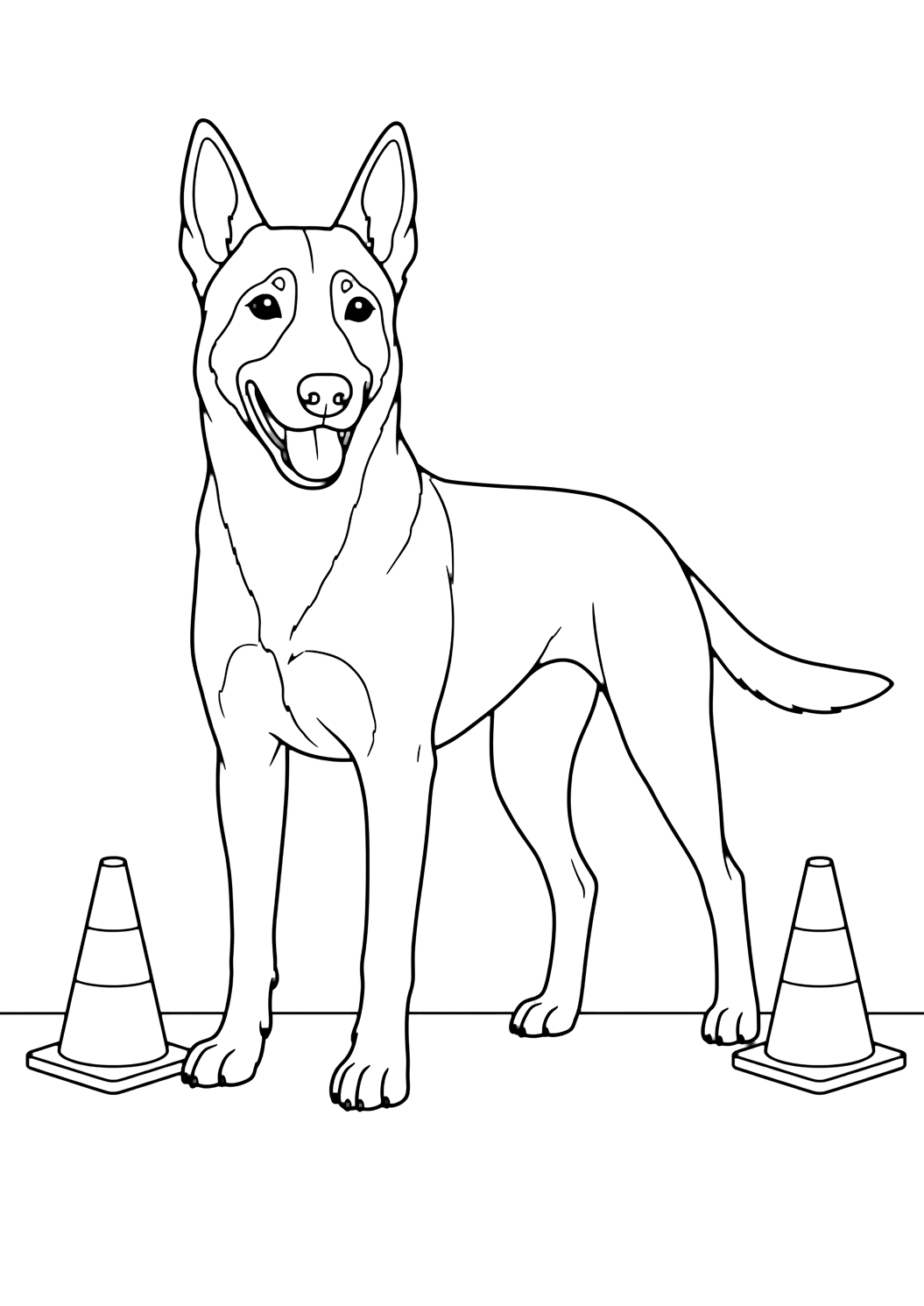 Coloriage berger belge malinois avec cônes d'entraînement