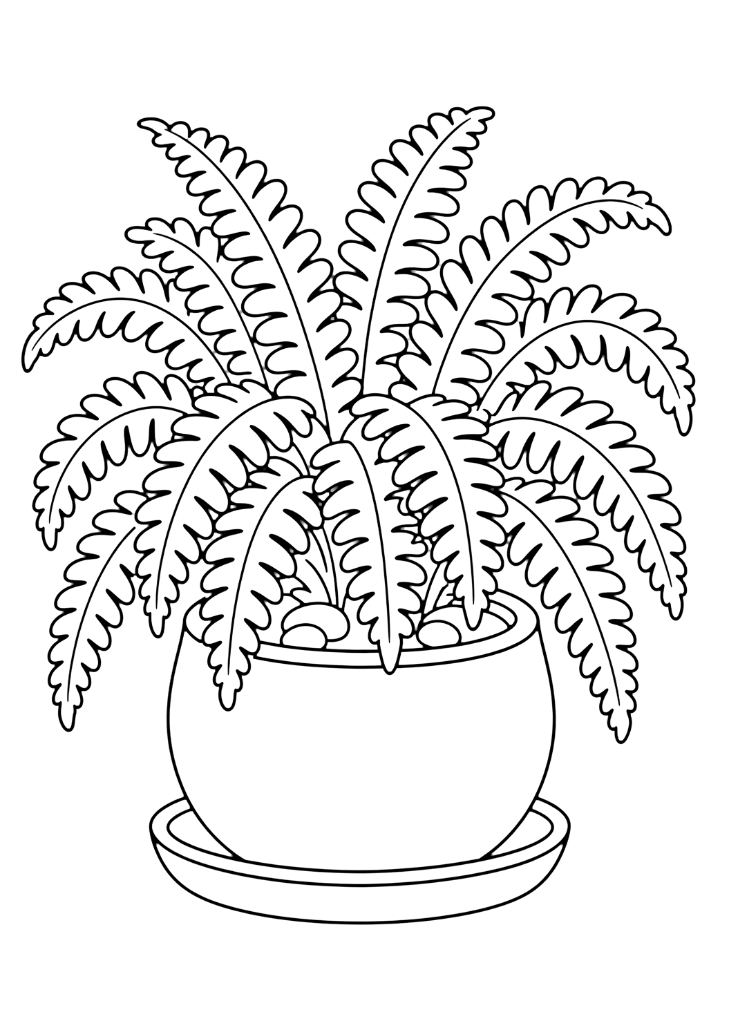 Fougère de Boston à colorier avec une fougère de Boston dans un pot rond, de nombreuses frondes douces et arquées, une petite soucoupe et deux petits cailloux sur la terre. Parfait pour les enfants qui aiment les coloriages de plantes d'intérieur à imprimer et à colorier en ligne.