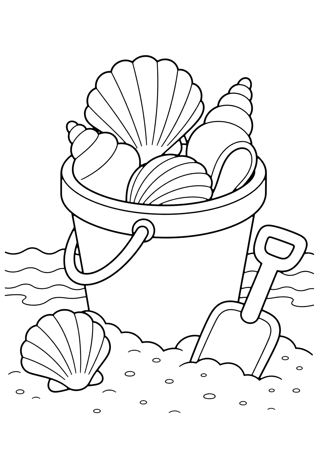 Disegno da colorare con secchiello di conchiglie. Adatto a bambini, spiaggia, estate, stampa e colorazione online.