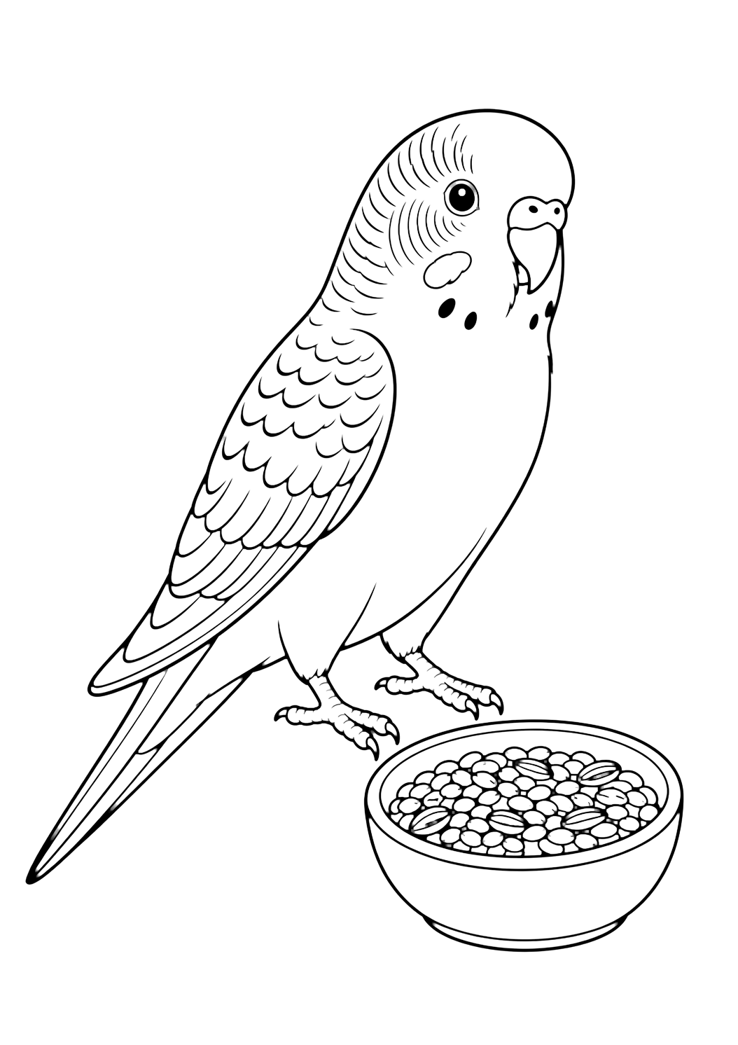 Budgie with Seed Bowl coloring page for kids