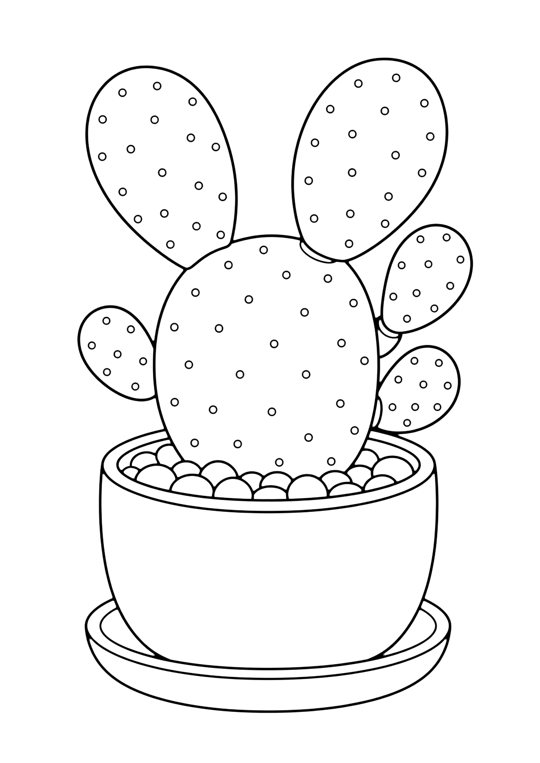 Cactus oreilles de lapin à colorier avec un cactus avec côtes nettes, petites épines douces, pot ou cailloux du désert et espaces fermés confortables. Parfait pour les enfants qui aiment les coloriages de cactus à imprimer et à colorier en ligne.