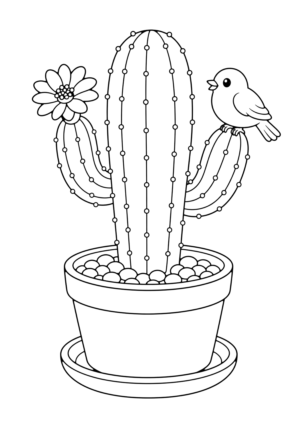 Cactus con uccellino da colorare con un cactus con costolature chiare, piccole spine sicure, vaso o sassolini del deserto e spazi chiusi comodi. Perfetta per i bambini che amano i disegni di cactus da colorare da stampare e colorare online.