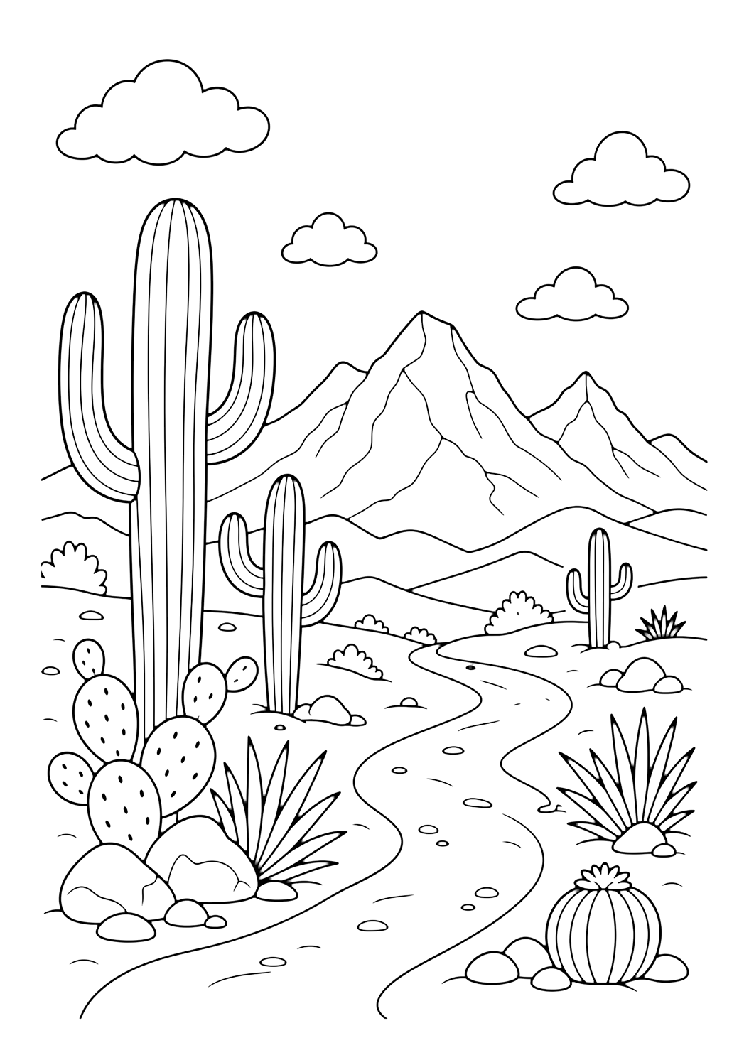 cactus desert mountains coloring page with cacti in front of distant desert mountains with a sandy trail, rocks, clouds, and open sky for kids