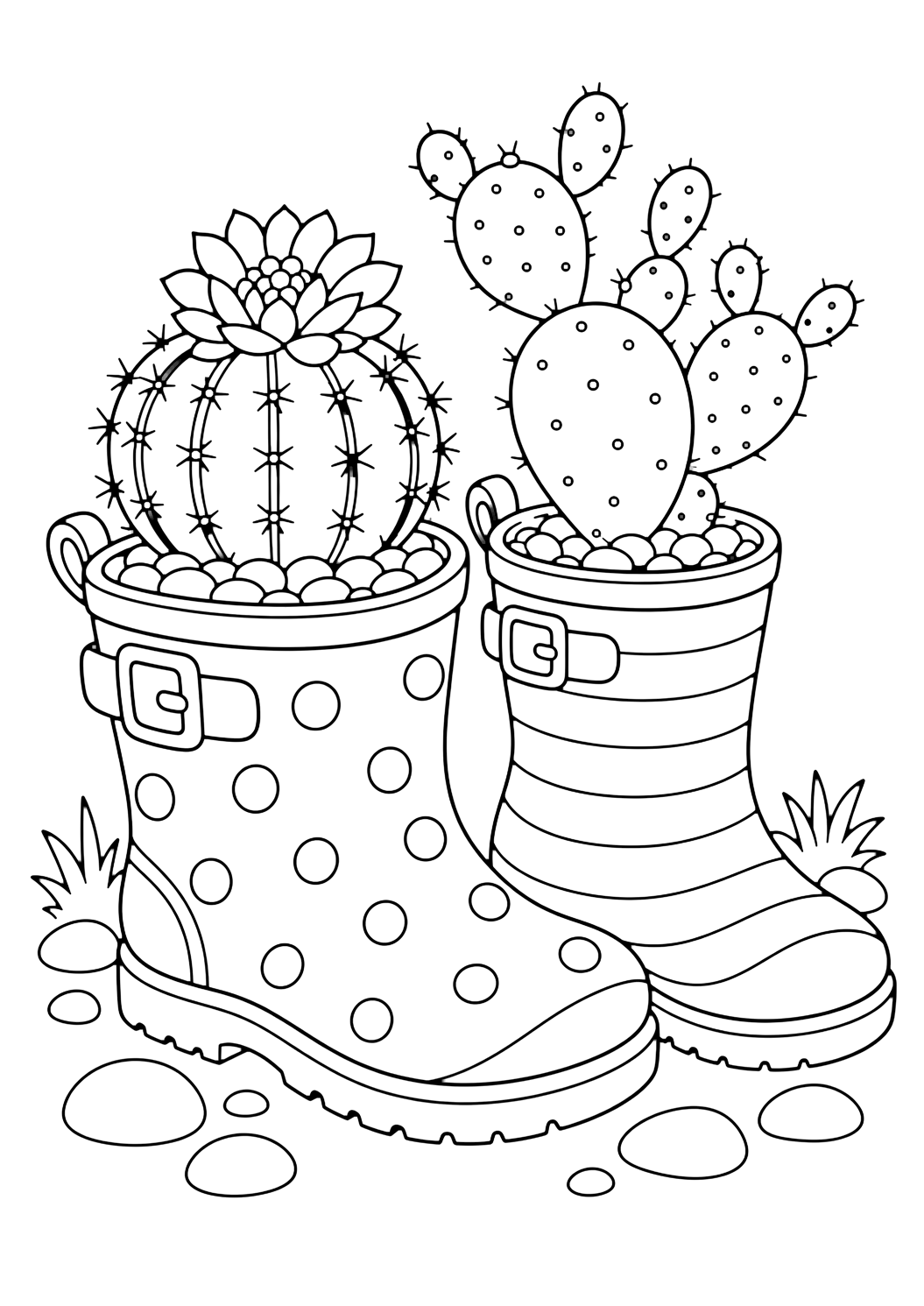 Stivali da giardino con cactus da colorare con un cactus con costolature chiare, piccole spine sicure, vaso o sassolini del deserto e spazi chiusi comodi. Perfetta per i bambini che amano i disegni di cactus da colorare da stampare e colorare online.