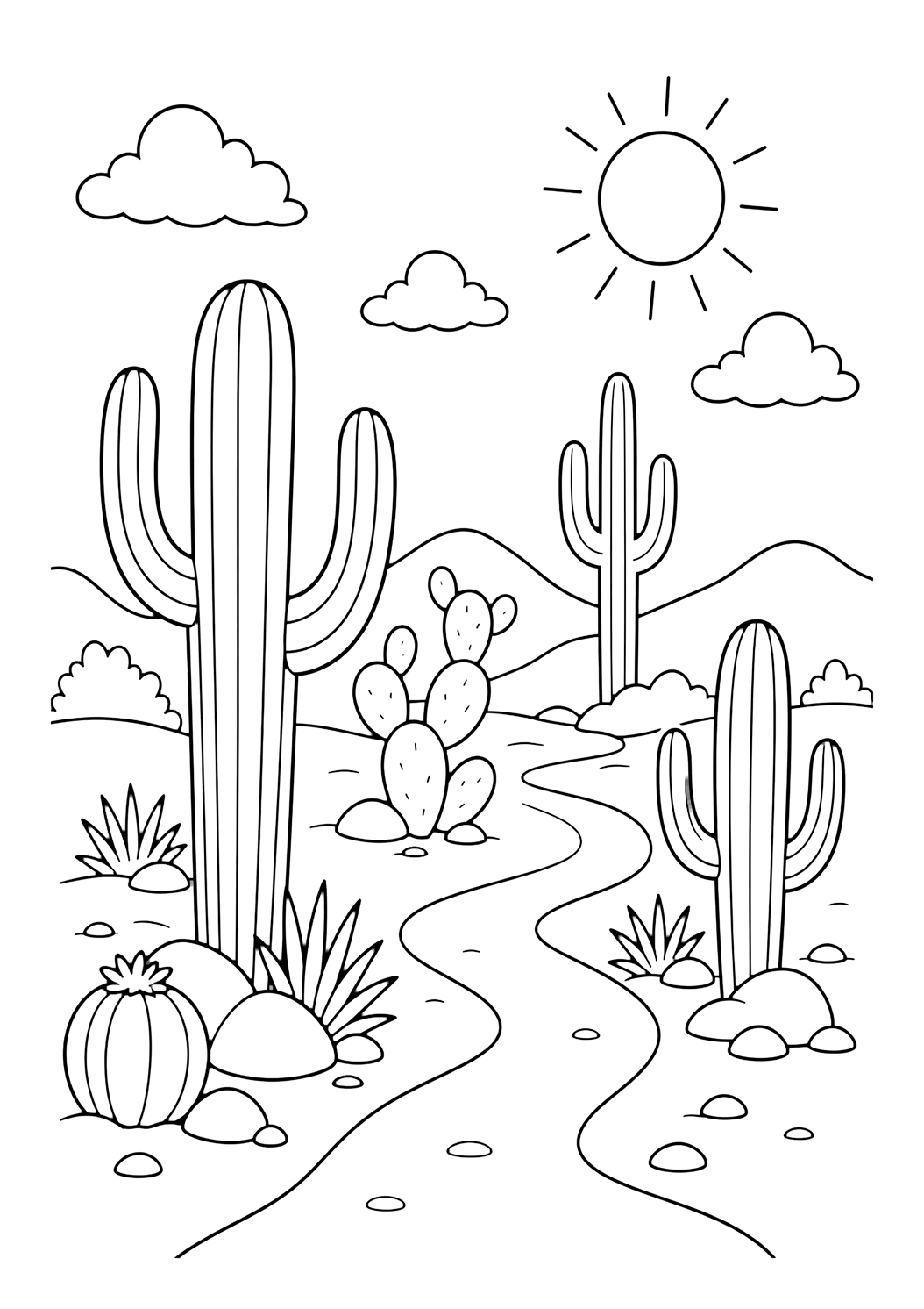 cactus garden desert coloring page with a simple cactus garden with several large cactus shapes, sandy paths, rocks, and sunny sky for kids