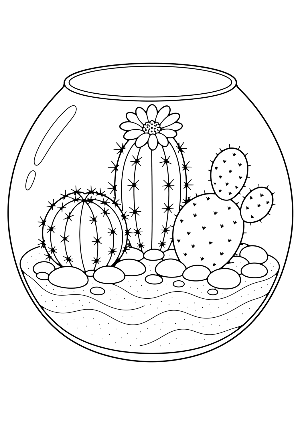 Terrarium de cactus à colorier avec un cactus avec côtes nettes, petites épines douces, pot ou cailloux du désert et espaces fermés confortables. Parfait pour les enfants qui aiment les coloriages de cactus à imprimer et à colorier en ligne.
