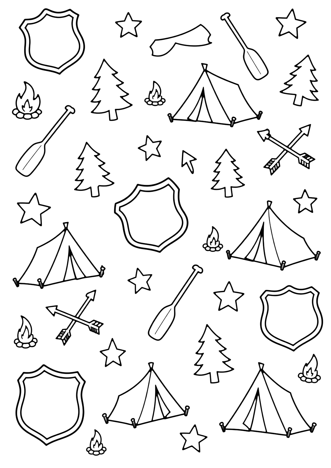 camp badge doodle pattern coloring page with a loose repeating doodle pattern of blank camp badges, tents, stars, pine trees, paddles, arrows, and tiny flames, all separated by plenty of white space