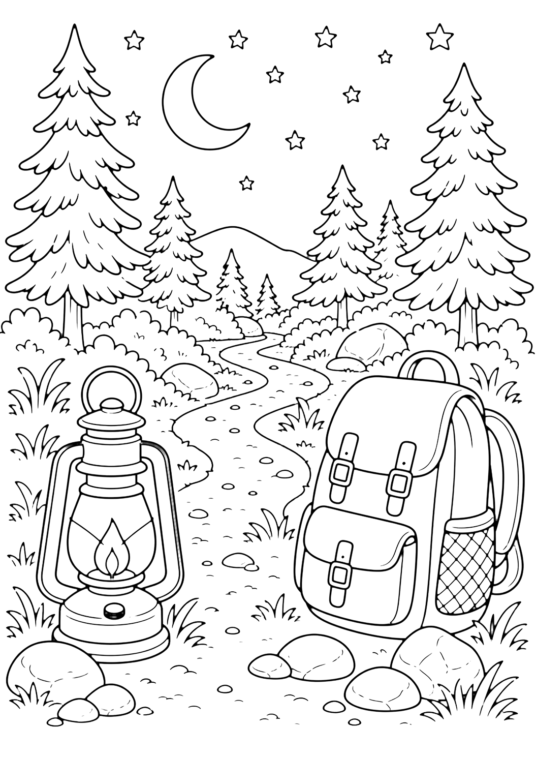 Disegno di escursione con escursione notturna con lanterna. Adatto a stampa, download, colorazione online e attività estive.