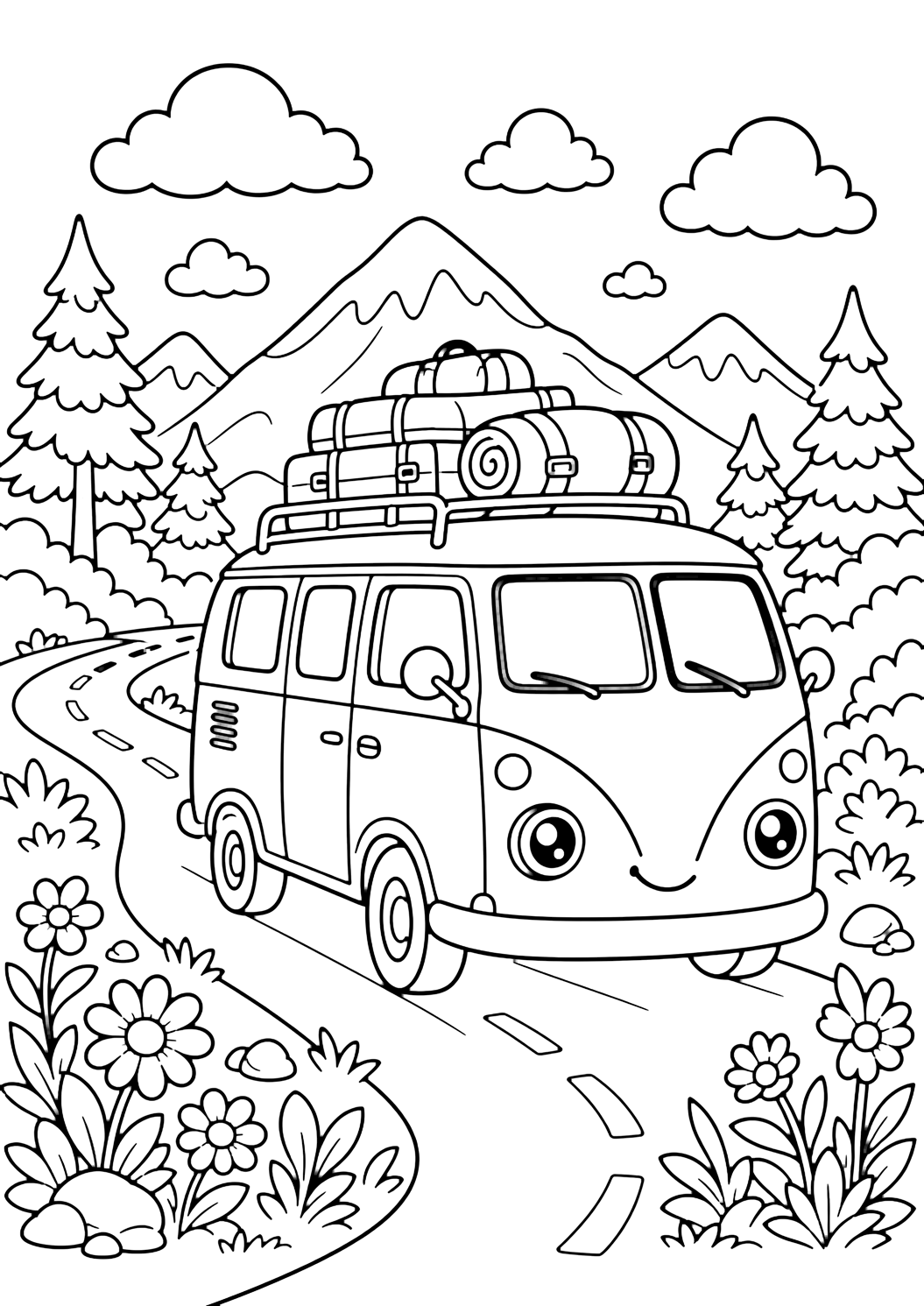 camper van road trip coloring page with a cute generic camper van on a summer road with luggage on top, mountains, clouds, roadside flowers, and no logos