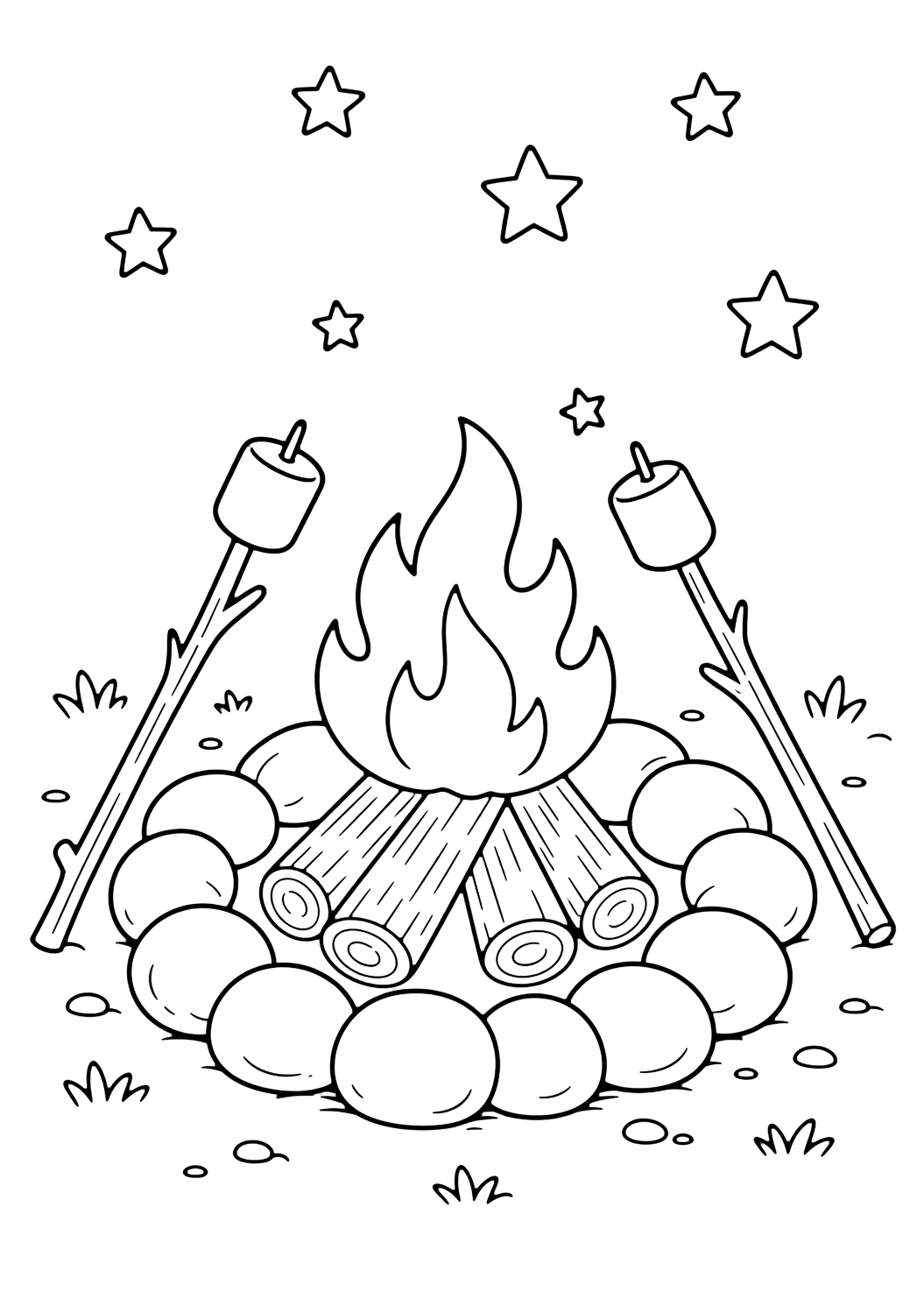 Dibujo de camping con círculo de fogata. Ideal para imprimir, descargar, colorear online y actividades tranquilas de verano.