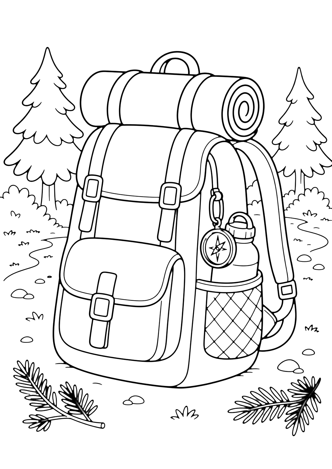 Dibujo de camping con mochila de camping. Ideal para imprimir, descargar, colorear online y actividades tranquilas de verano.