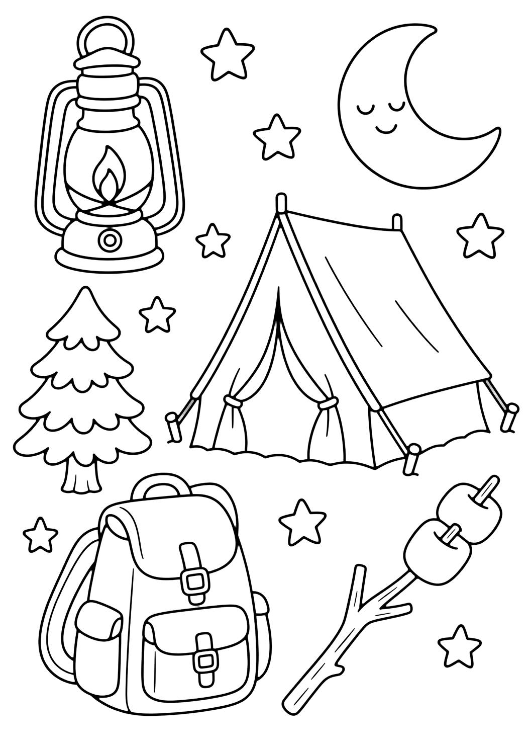 Лятна doodle картинка за оцветяване с къмпинг doodle. Подходяща за деца, печат и онлайн оцветяване.