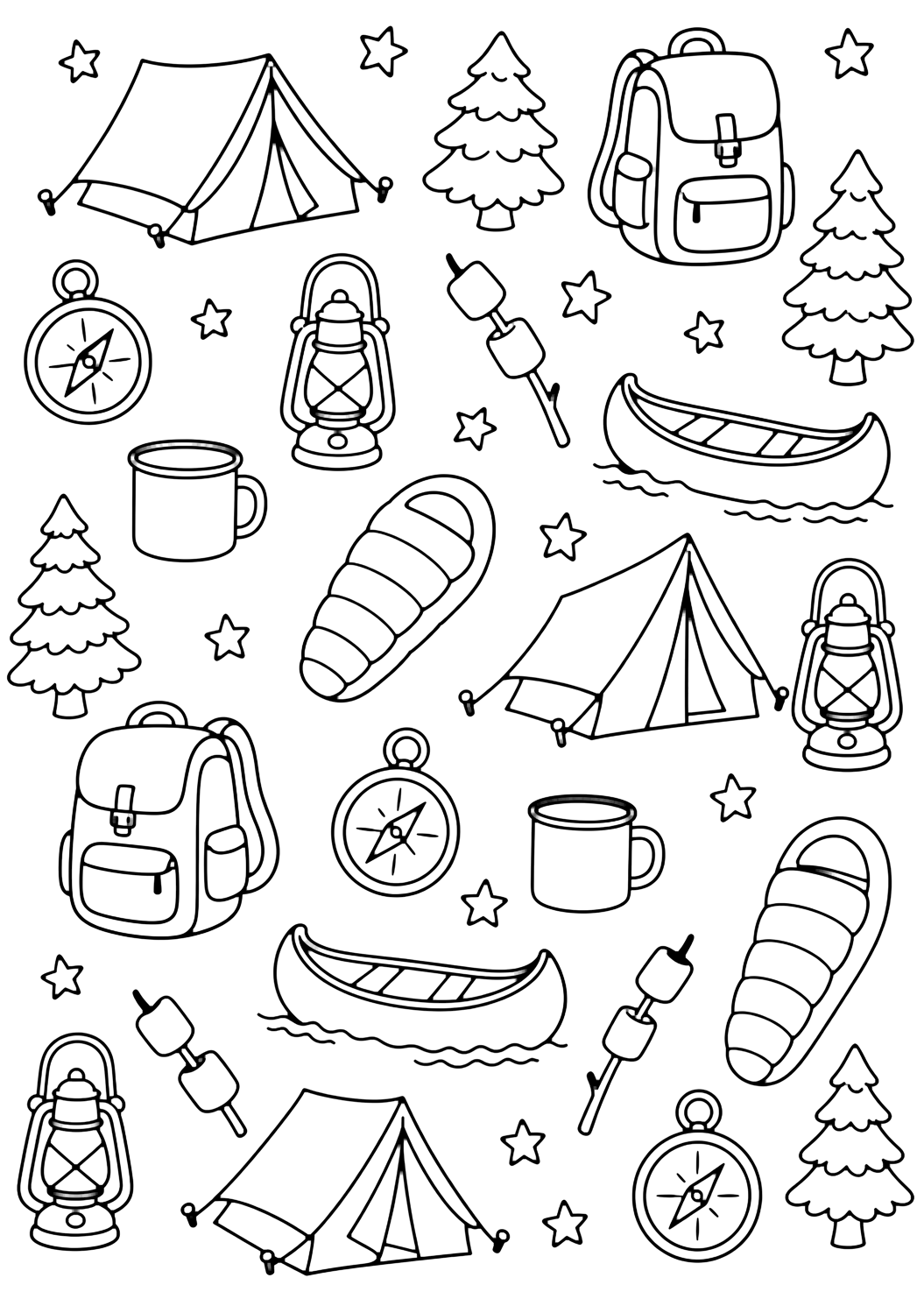 kamp doodle deseni içeren kamp boyama sayfası. Yazdırma, indirme, çevrim içi boyama ve sakin yaz etkinlikleri için uygundur.