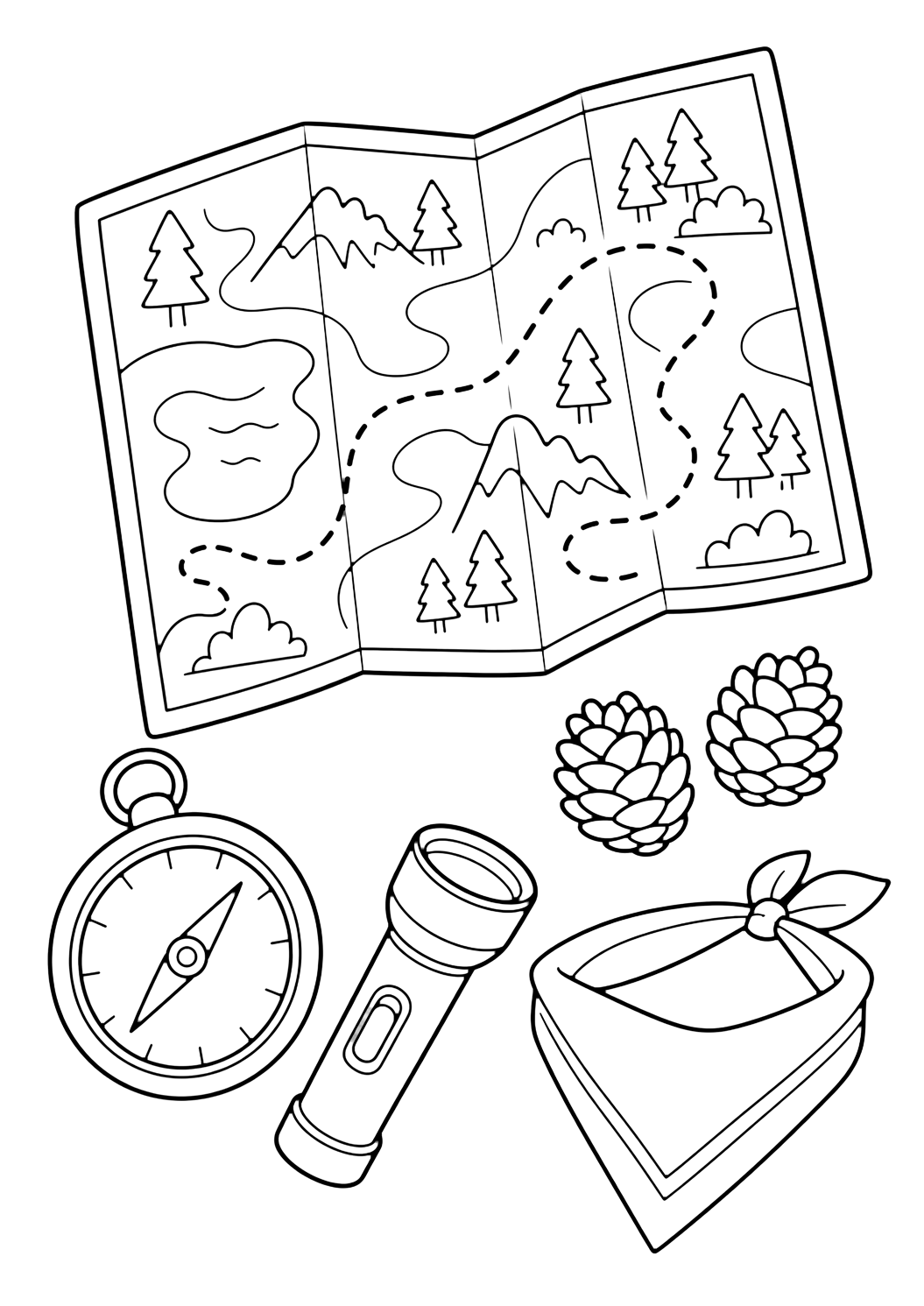 Camping-Ausmalbild mit campingkarte und kompass. Geeignet zum Drucken, Herunterladen, Online-Ausmalen und für ruhige Sommeraktivitäten.