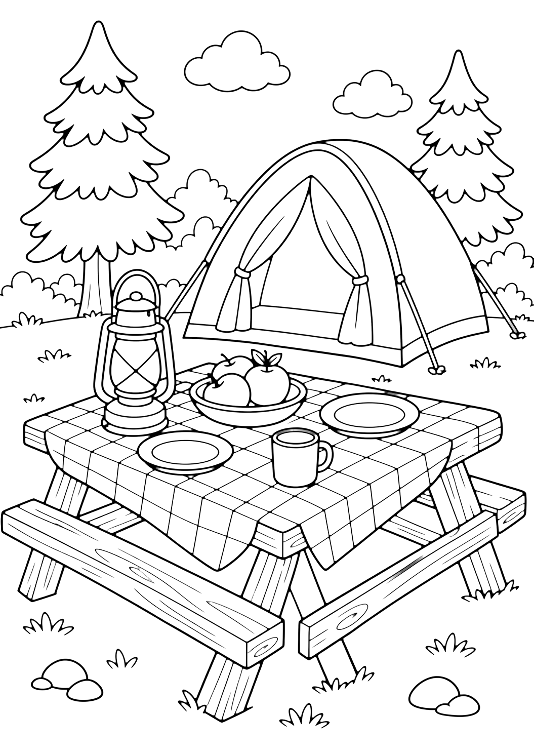 Camping-Ausmalbild mit picknicktisch am campingplatz. Geeignet zum Drucken, Herunterladen, Online-Ausmalen und für ruhige Sommeraktivitäten.