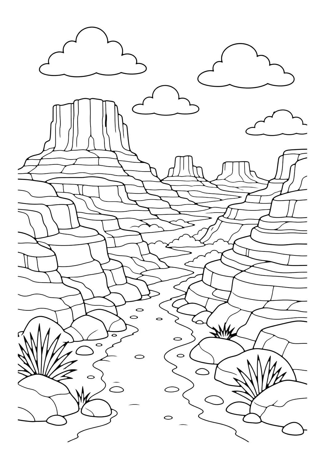canyon mesa view coloring page with a desert canyon view with flat mesas in the distance, layered rocks, a trail, and clouds for kids