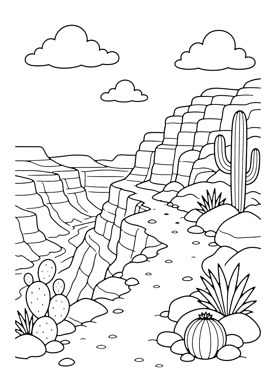 canyon trail coloring page with a trail along a desert canyon edge with layered cliffs, rocks, cacti, and open sky for kids