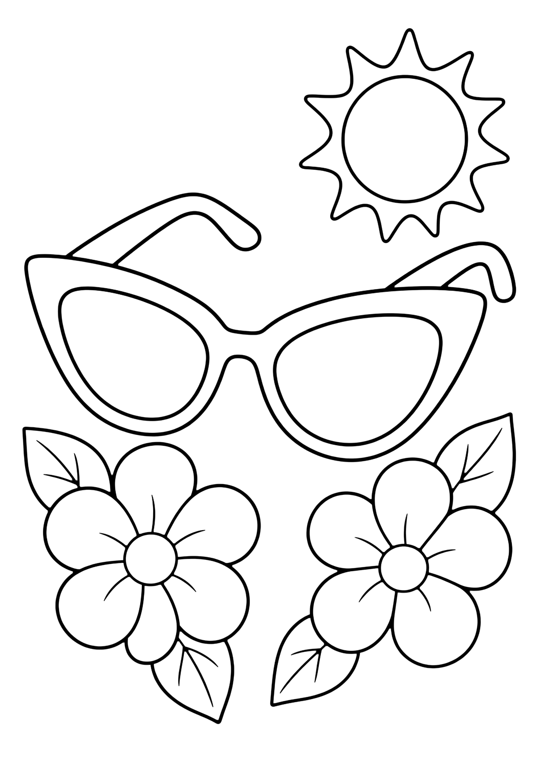 cat-eye sunglasses coloring page with cat-eye sunglasses beside two simple flowers and a small sun