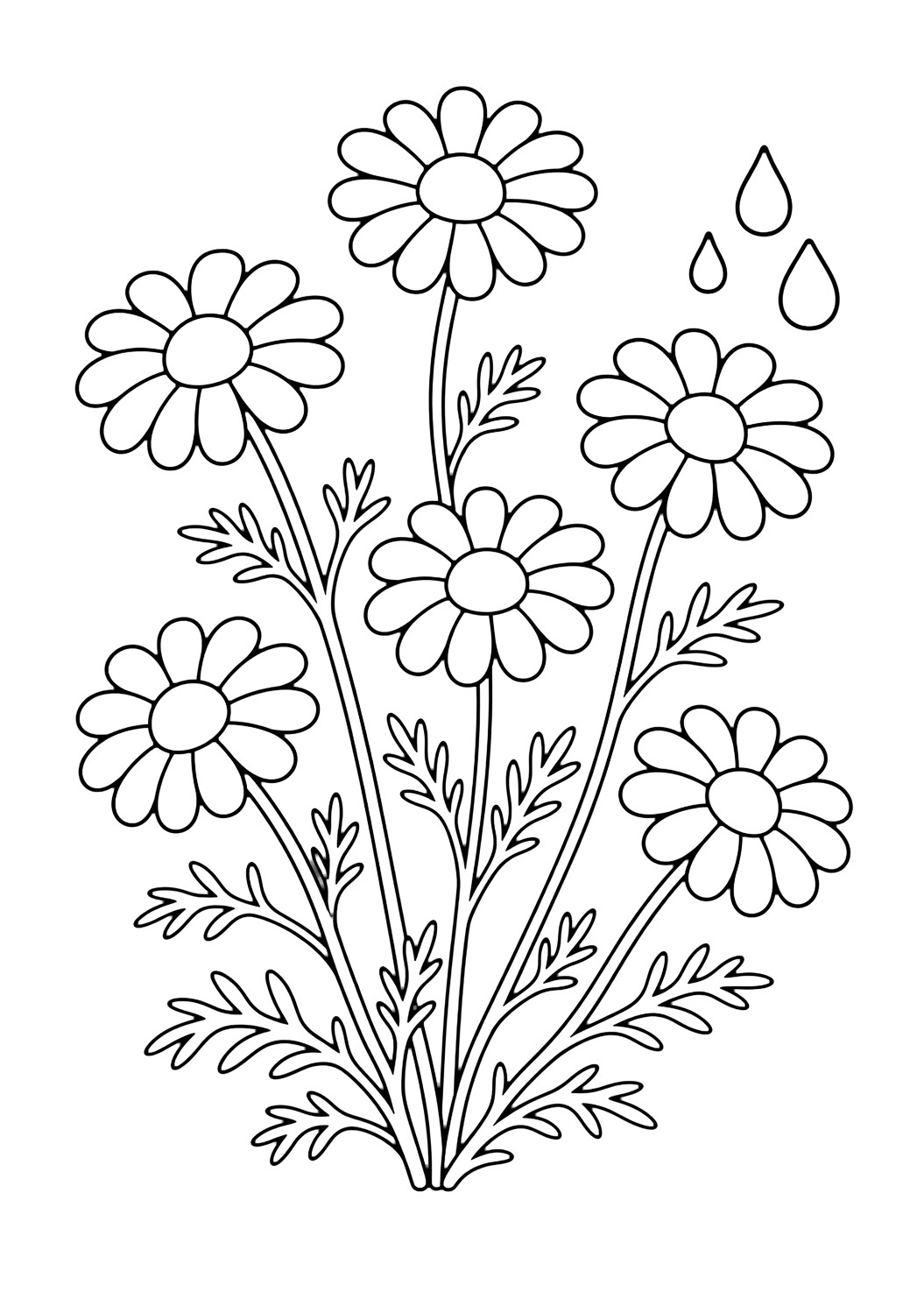 Manzanilla silvestre para colorear con seis flores pequeñas parecidas a margaritas, tallos finos, hojas delicadas y una pequeña gota decorativa. Ideal para niños que disfrutan flores silvestres para colorear para imprimir y colorear online.