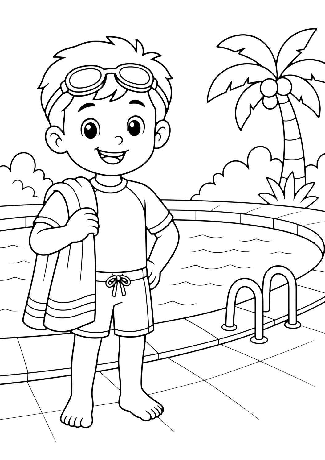 child with swim goggles coloring page with one smiling child standing safely by the pool wearing swim goggles, with a towel and calm water behind for kids