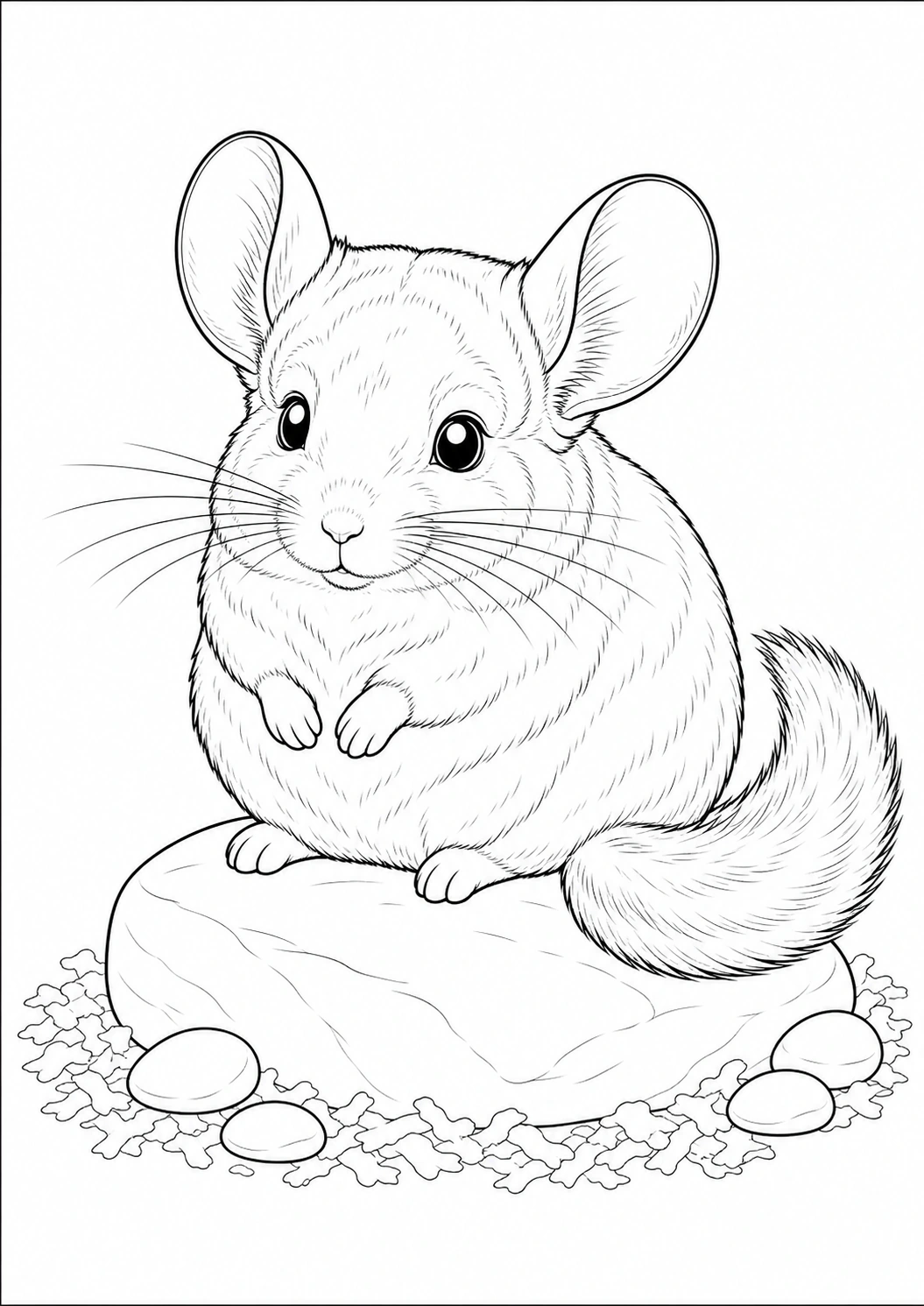Ausmalbild für Kinder: Chinchilla sitzt auf einem Felsen