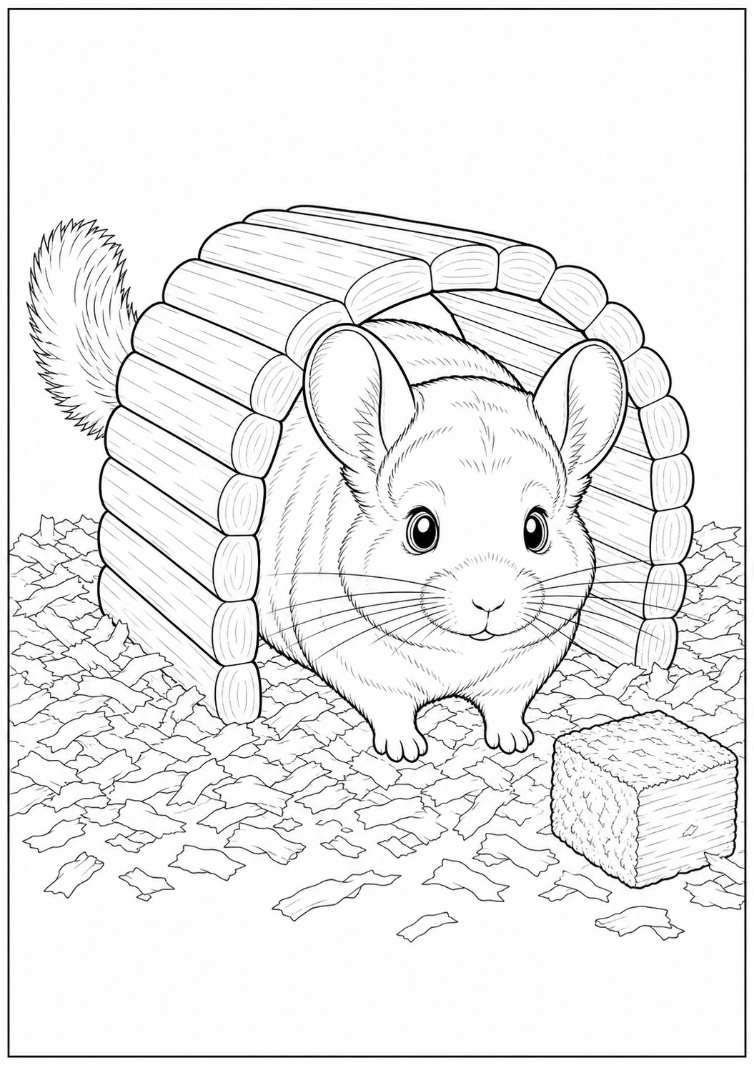 Ausmalbild Chinchilla mit Holztunnel für Kinder