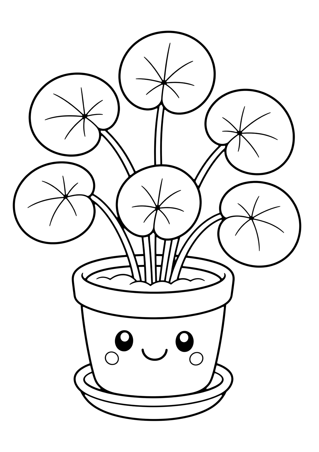 Pilea peperomioides da colorare con una pilea peperomioides in un piccolo vaso, sei foglie rotonde simili a monete su steli sottili, una faccina sorridente sul vaso e un sottovaso. Perfetta per i bambini che amano i disegni di piante da appartamento da colorare da stampare e colorare online.
