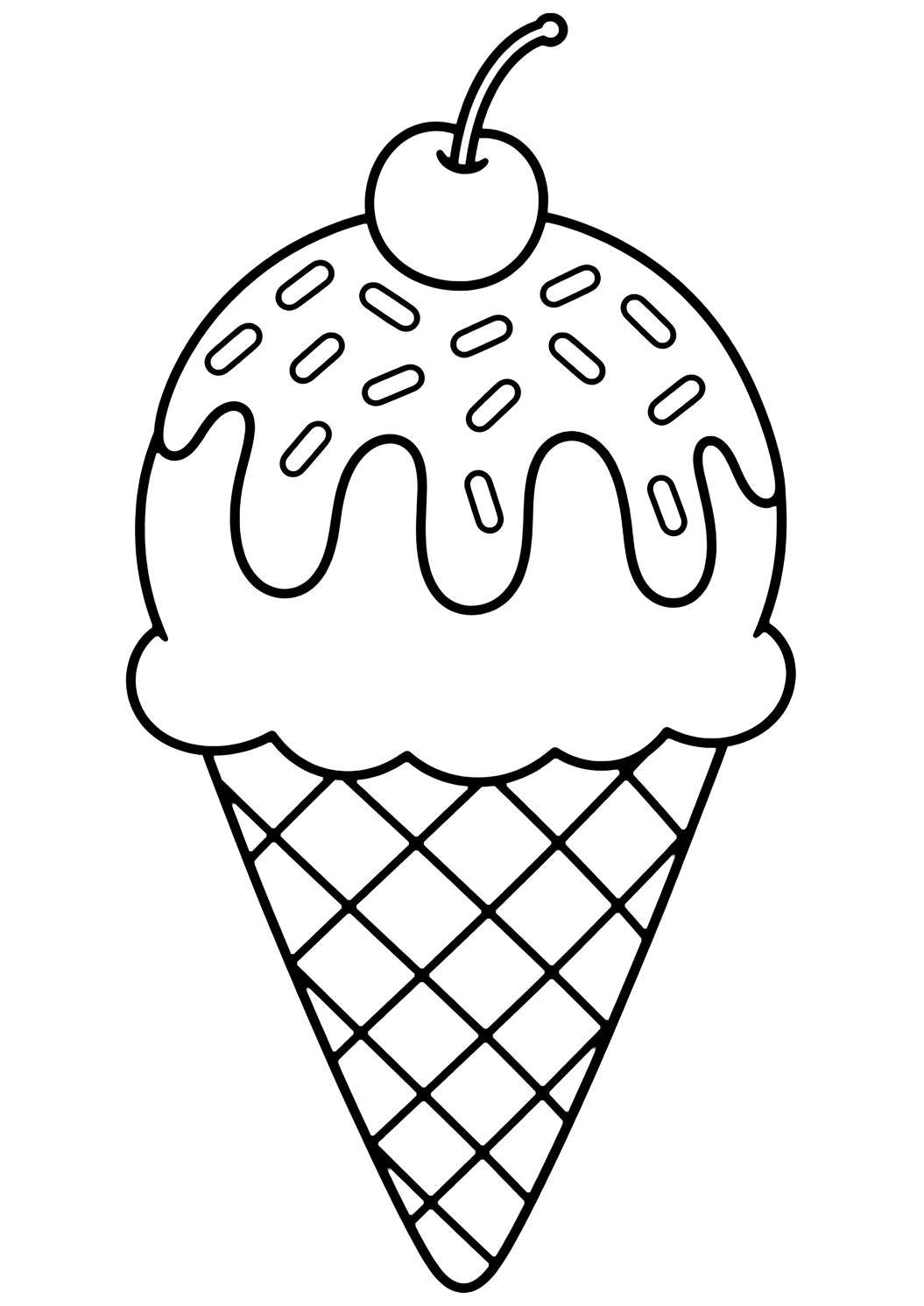 chocolate ice cream cone coloring page with a chocolate ice cream cone with one big scoop, syrup drizzle, sprinkles, a waffle cone, and a cherry for kids