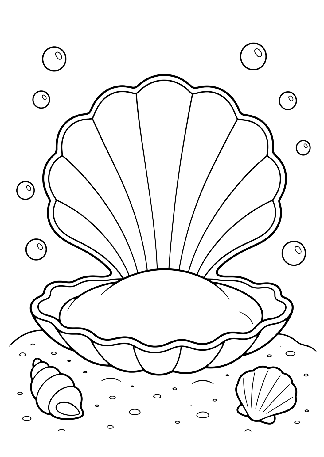 Dibujo para colorear con concha de almeja. Ideal para niños, playa, verano, impresión y coloreado online.