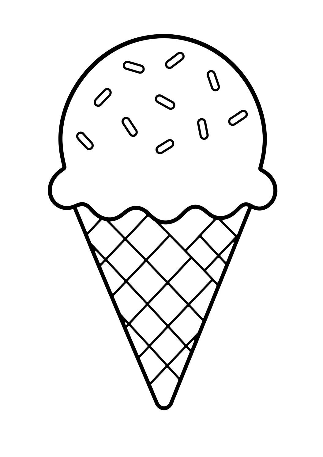 classic ice cream cone coloring page with one classic ice cream cone with a single round scoop, a waffle cone pattern, a few sprinkles, and open white space around it for kids