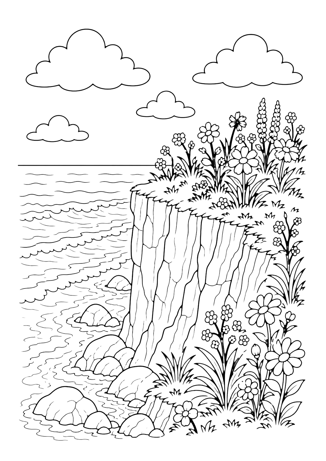 cliff top flowers by the sea coloring page with wildflowers growing on a cliff top above the ocean with waves, rocks, clouds, and open sky for kids