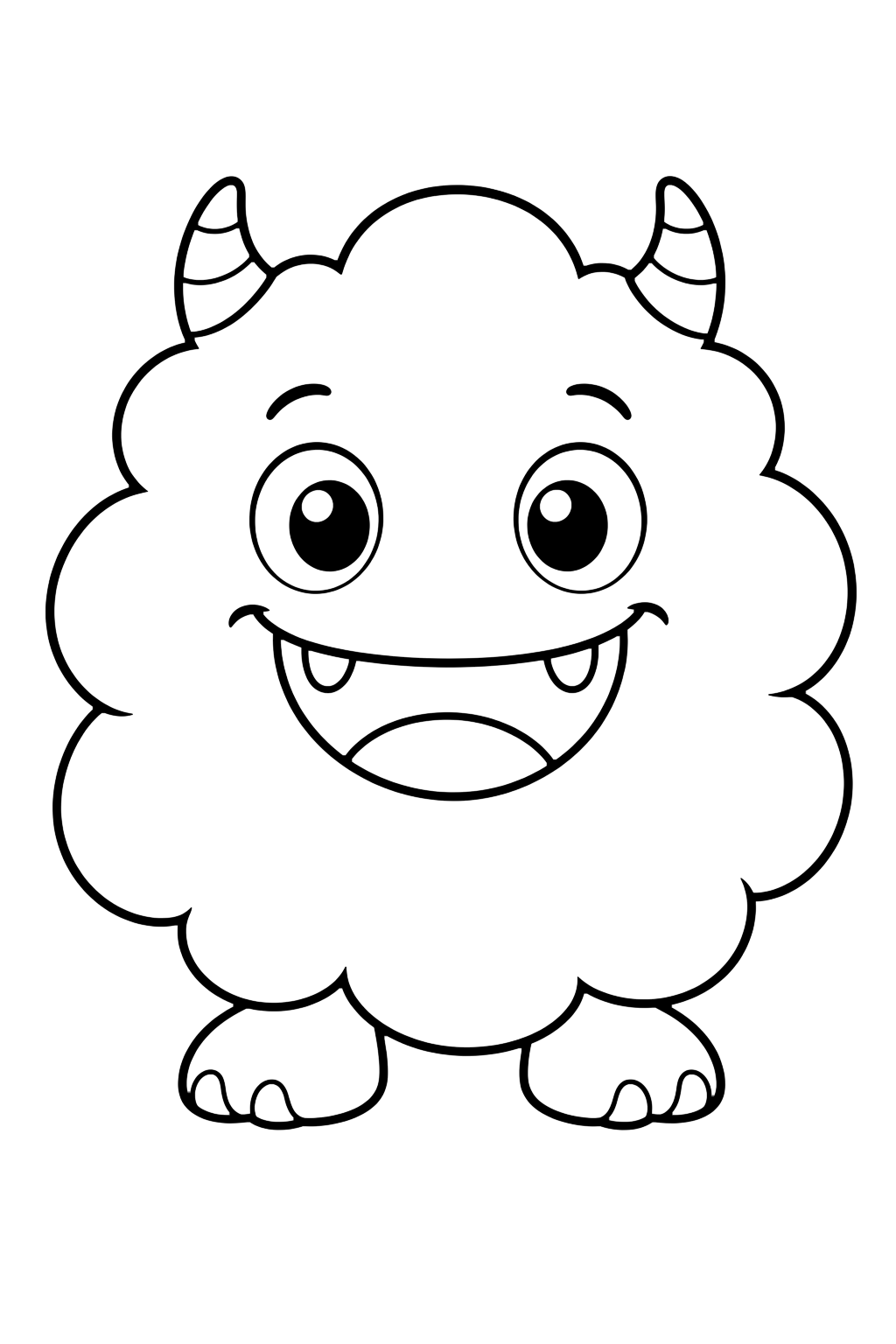 cloudy fur monster coloring page with a fluffy cloud-shaped monster with tiny feet, little horns, and a wide friendly smile for kids