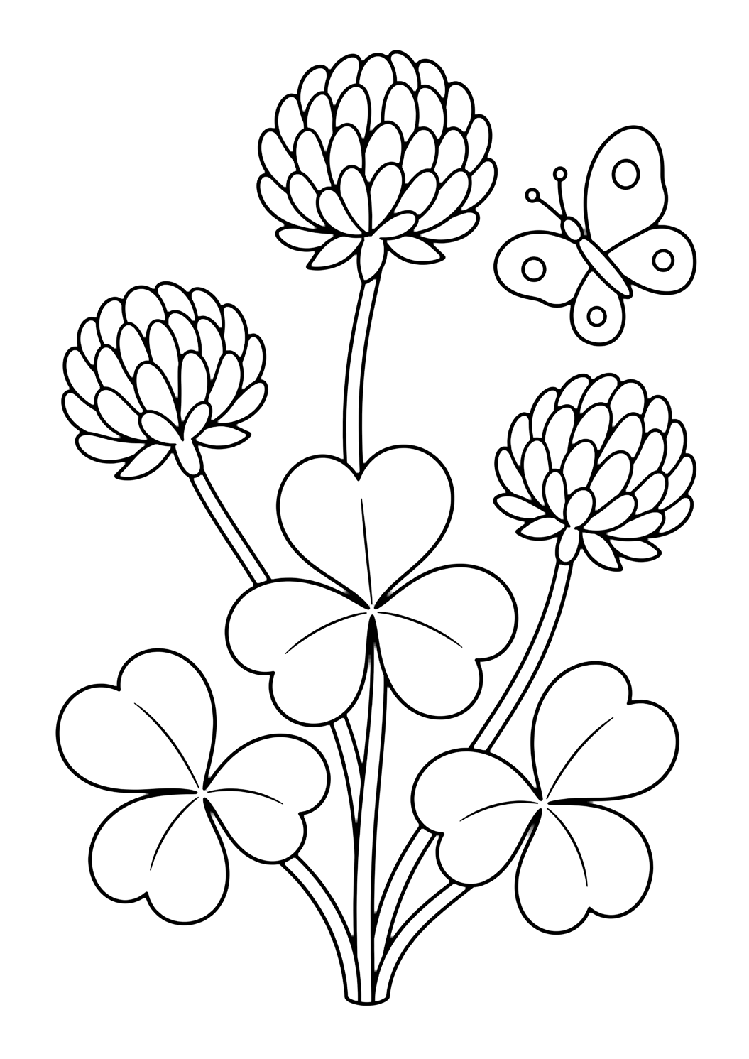 Fiori di trifoglio da colorare con tre fiori rotondi di trifoglio, foglie a forma di cuore, steli curvi e una piccola farfalla vicina. Perfetta per i bambini che amano i disegni di fiori selvatici da colorare da stampare e colorare online.